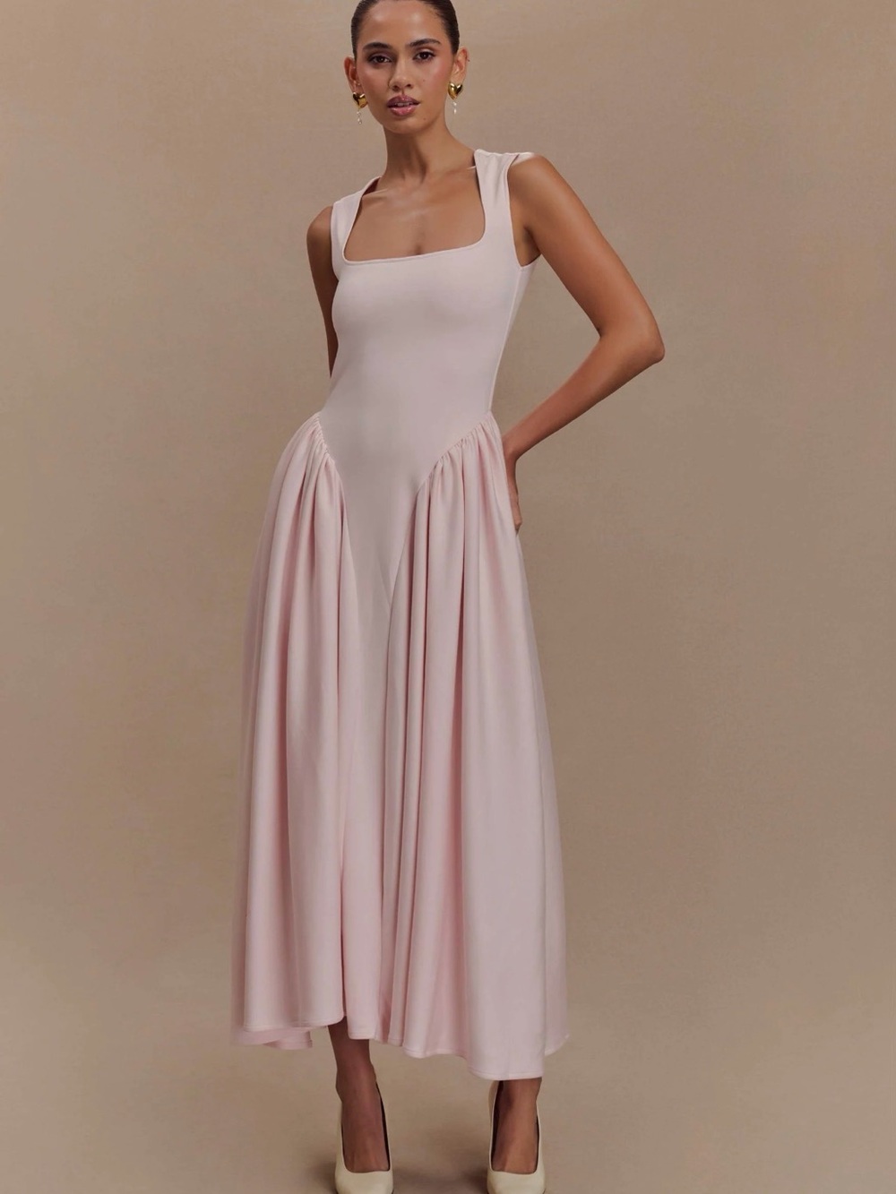 Meshki Blush Pink Square-Neck Midi Dress